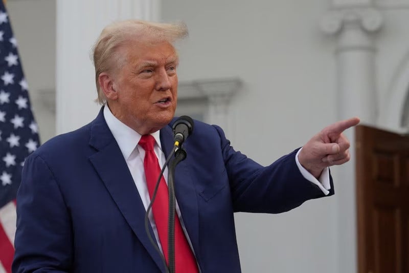 Donald Trump points as he speaks during a press conference at Trump National Golf Club, in Bedminster, New Jersey, US, August 15, 2024. PHOTO: REUTERS